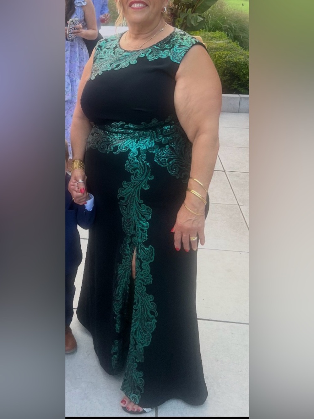 Tadashi Shoji Black Maxi Dress with Teal Embroidered Accents